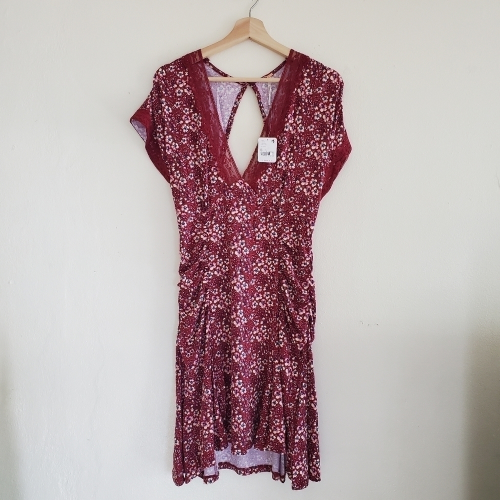 NWT Free People Sweet Talker Floral Mini Dress Burgundy Large - Picture 9 of 13